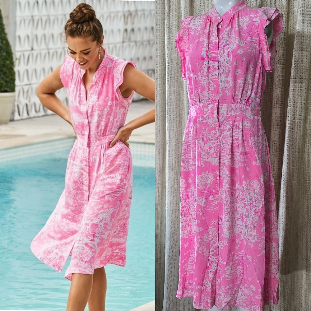 Lilly Pulitzer silk Palm Springs beach nudes swimmers story print dress
